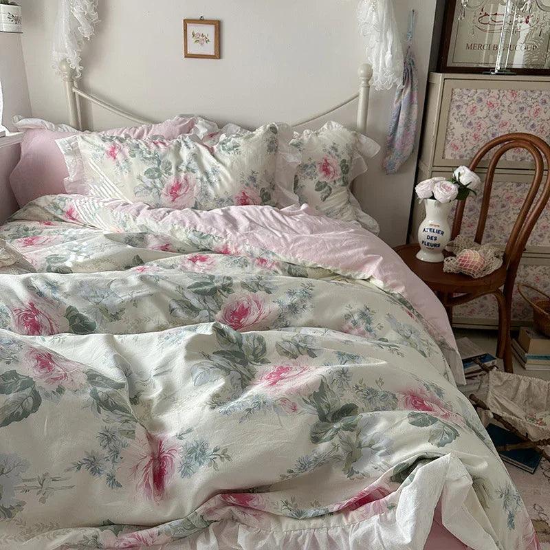 Princess Style Ruffled Pure Cotton French Floral Minimalist Bed Sheet Duvet Cover Bedding EX-STOCK Canada