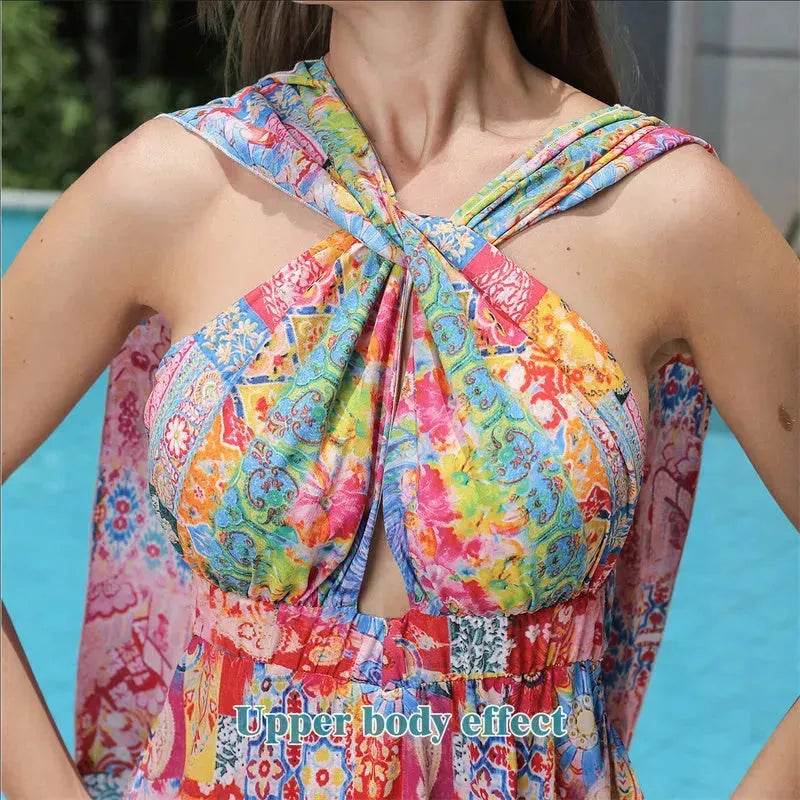 Casual Women's Floral Style Large Hem Cross Open Back Dress - EX-STOCK Canada