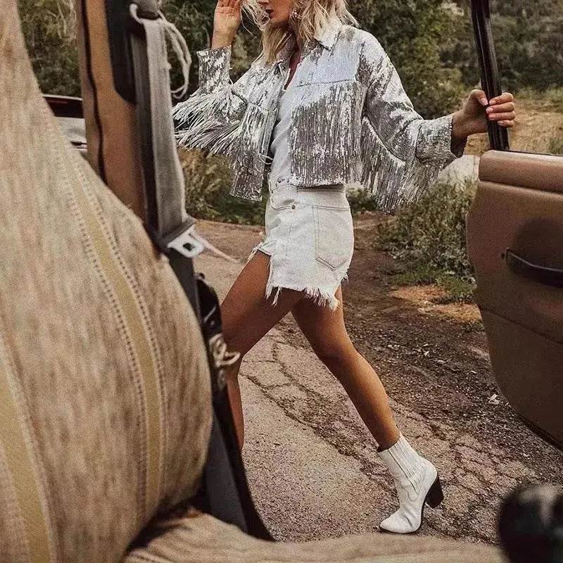 Women Fashion Long sleeve Tassel Sequin top jacket Y2K cropped jacket - EX-STOCK Canada