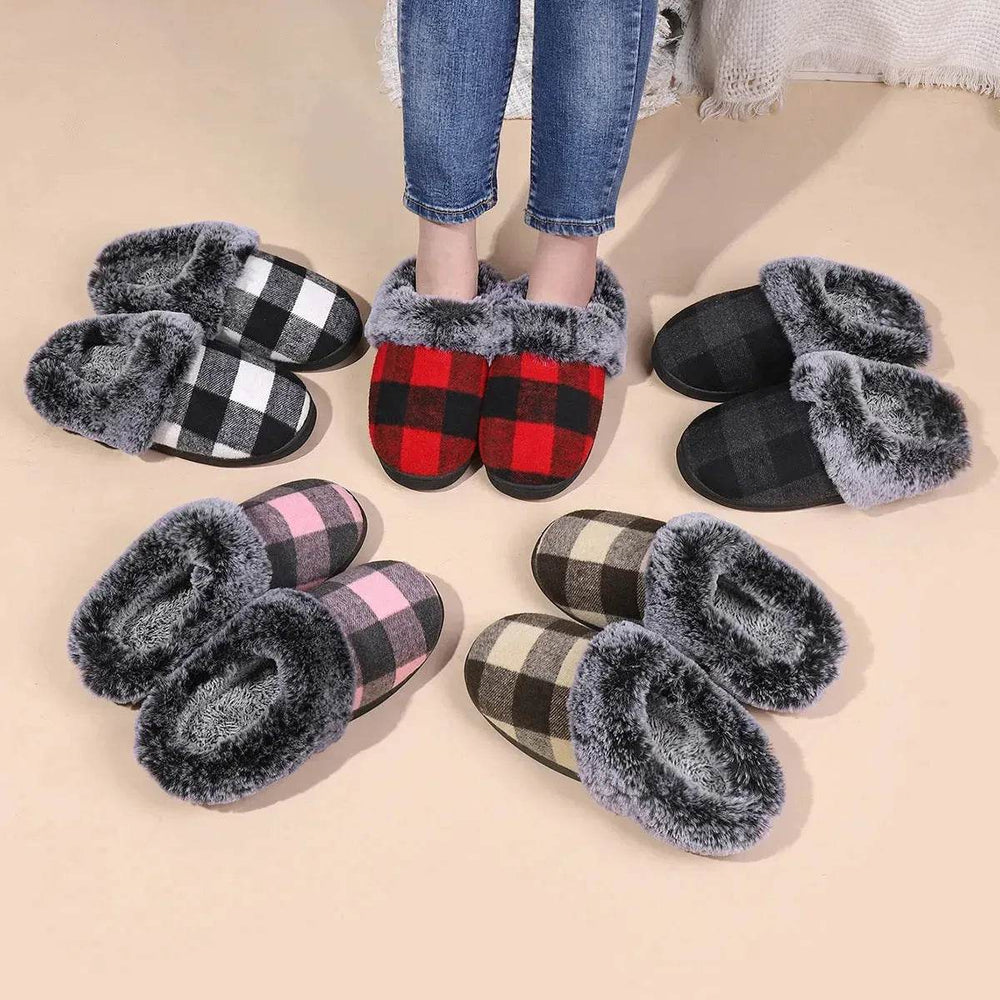 Winter Warm Plaid Plush Slippers Home Indoor Non-slip Bedroom Floor Soft Fuzzy Slipper For Couple Fashion Solid House Shoes - EX-STOCK Canada