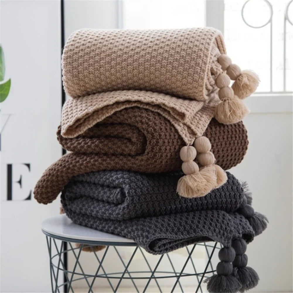 Nordic fringed knit ball blanket wool blanket office air conditioning lunch break blanket shawl blanket sofa leisure blanket blanket EX-STOCK Canada