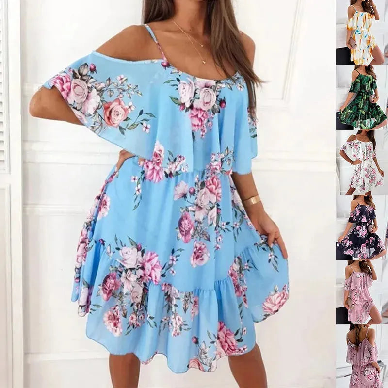 Flower Printed Ruffled Suspender Dress Summer Off-the-shoulder Strap Dresses Women - EX-STOCK CANADA