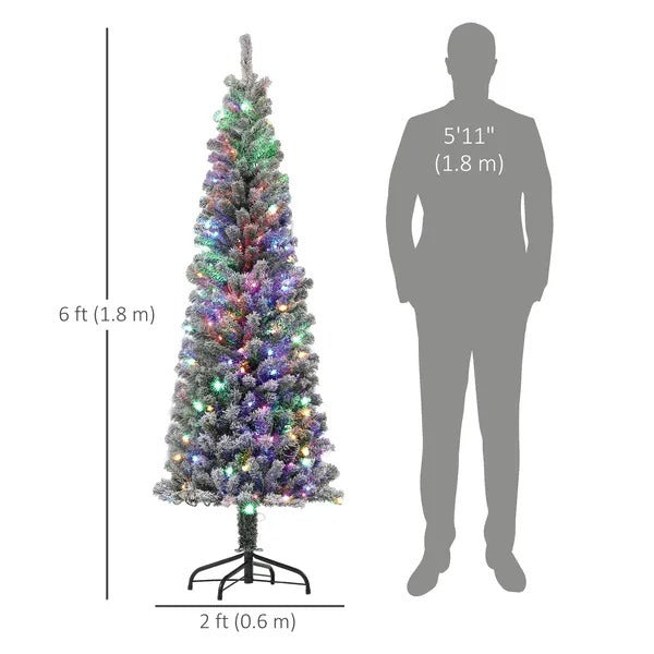 6ft Prelit Pencil Artificial Christmas Tree, Flocked Xmas Tree With Remote, Dual Colour LEDs, 429 Tips, Metal Stand EX-STOCK Canada