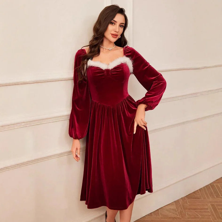 Women's Vintage Christmas Party Long Sleeve Red Velvet Dress Square Collar Dress Elegant Slimming Waist Autumn Women's Clothing EX-STOCK Canada