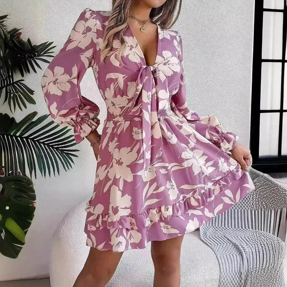 New Floral Printed V-Neck Long Sleeve Dress Fashion Ruffles Bowknot A-Line Short Mini Skater Dress Women's Clothing - EX-STOCK Canada