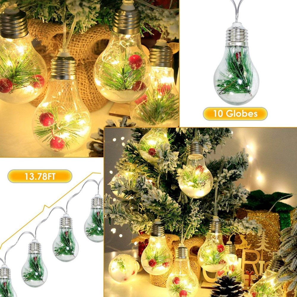 1Pc 13.78FT Christmas Snow Globe String Light Battery Powered 10 LED Bulbs Indoor Christmas Lights With Pine Needles Snowflakes Berries - EX-STOCK Canada