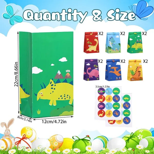 12Packs Christmas Dinosaur Candy Bags With 24Pcs Stickers Party Favor Bags Paper Gift Bags Treat Goody Gift Wrapping Bags For Christmas Halloween Dinosaur Themed Birthday Party Supplies EX-STOCK