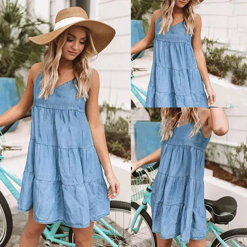 Sleeveless Suspender Casual Denim Loose flared Beach Dress - EX-STOCK CANADA