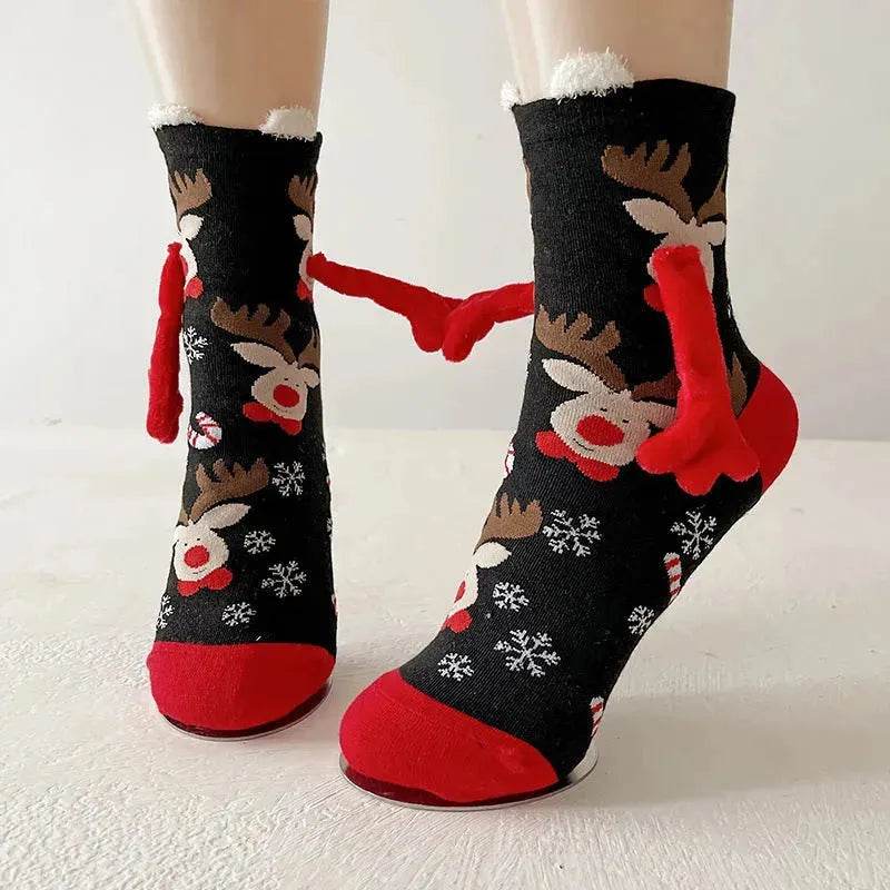 Christmas Magnetic Socks Cute Elk Santa Claus Snowman Hand-holding Socks For Couple - EX-STOCK Canada