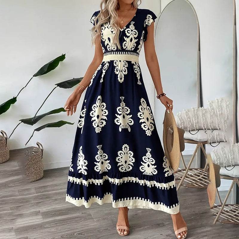Women's Summer Flowy Maxi Dress Casual Cap Sleeve V Neck Smocked Waist Beach Sundress - EX-STOCK Canada