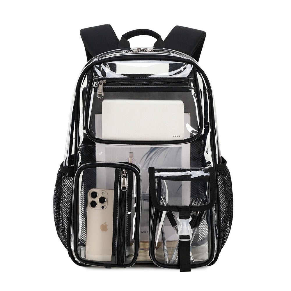 Clear backpack with black straps and pockets on a white background