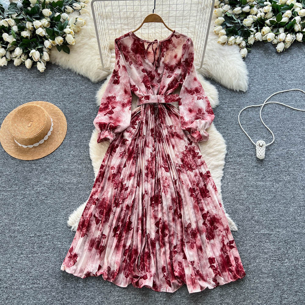 Women's French Vintage Pleated A-Line Maxi Dress – High Waist | 8 Colors
