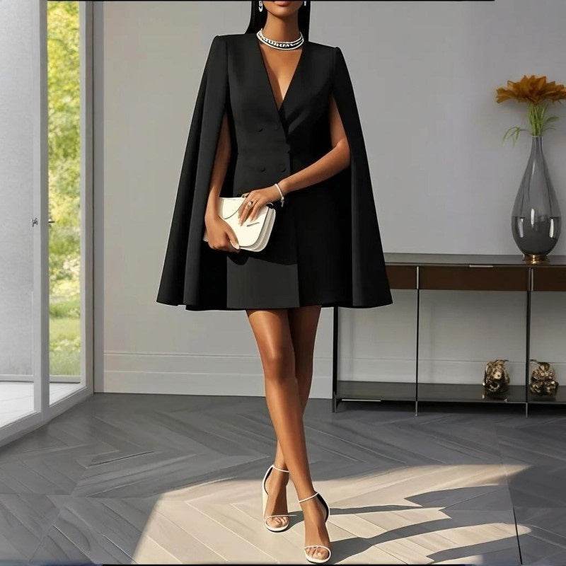 Formal V Neck Double-Breasted Mini Cape Sleeve Dress - EX-STOCK Canada