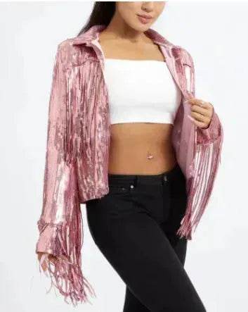 Women Fashion Long sleeve Tassel Sequin top jacket Y2K cropped jacket - EX-STOCK Canada