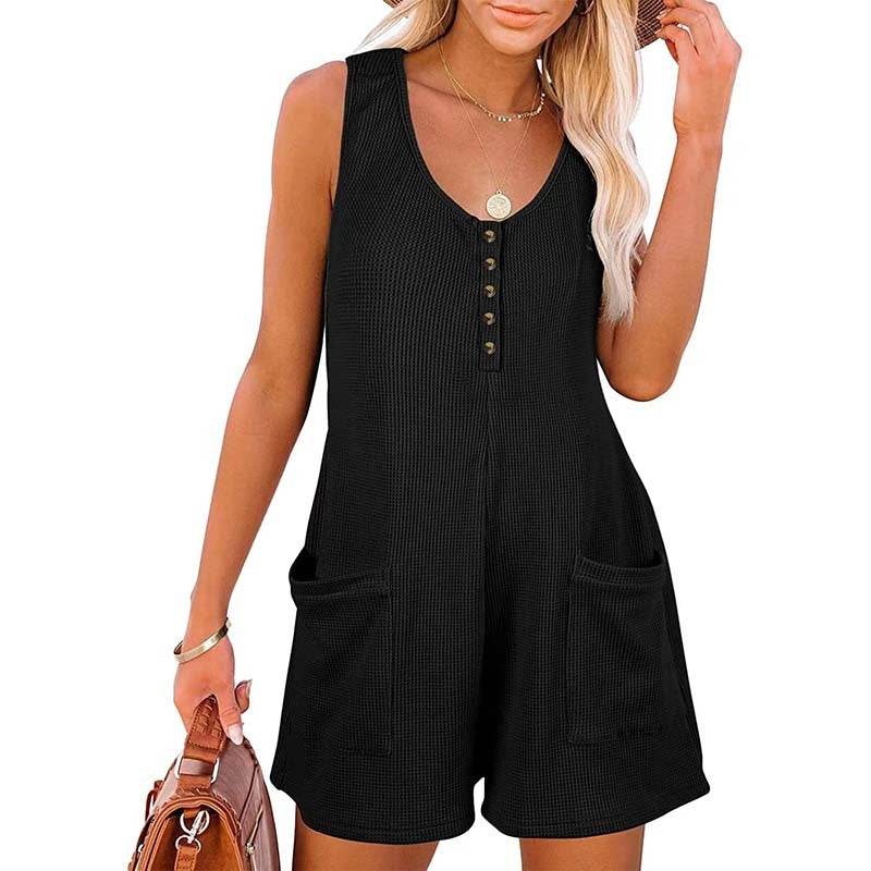 Women's Button Front Romper Jumpsuit With Pockets Casual Solid Color Sleeveless Summer Jumpsuit - EX-STOCK Canada