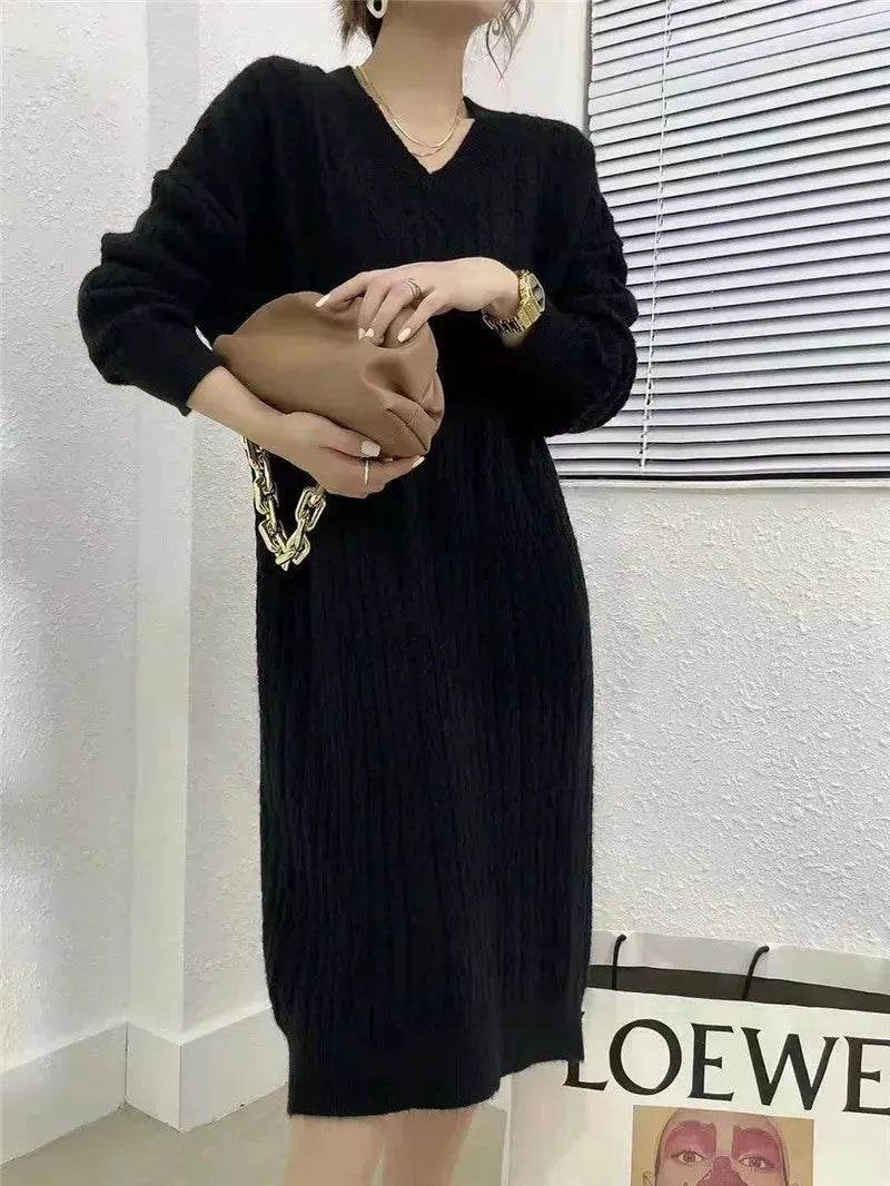 Autumn Winter Knitted V-neck Long Sweater Dress - EX-STOCK Canada