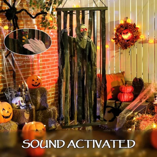 Animatronics Hanging Skeleton Reaper In Cage, Voice-Activated Prop With Flashing Eyes, Easy Setup Indoor EX-STOCK Canada