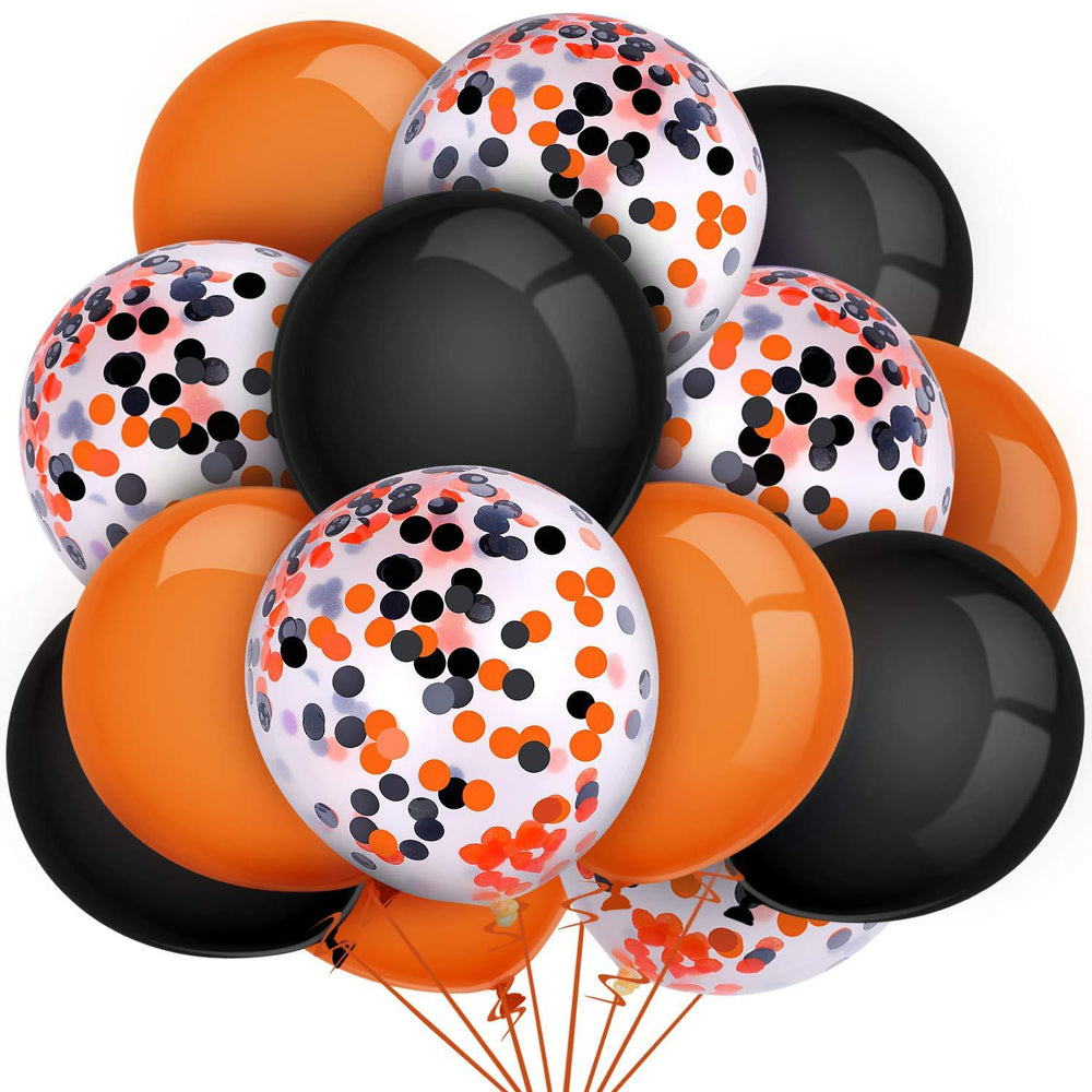A cluster of round balloons in orange, black, and white with black, orange, and white confetti, isolated on a white background.