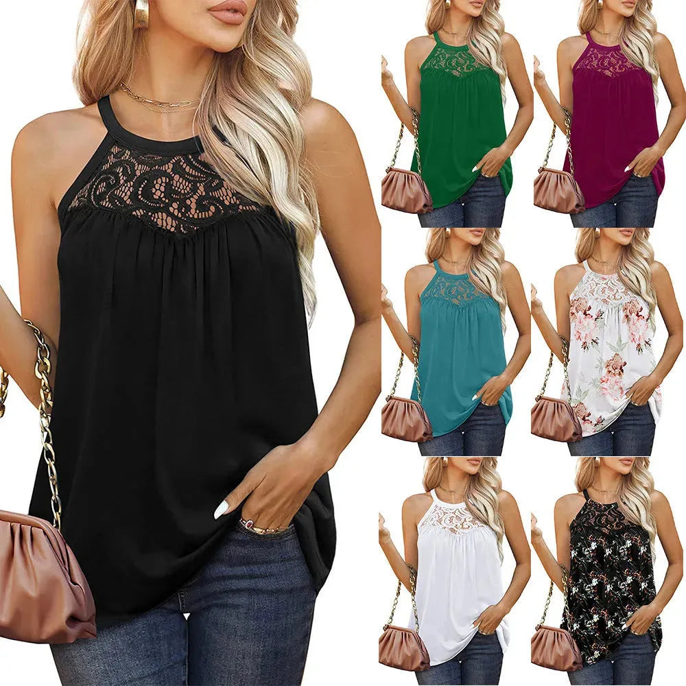 Elegant Women Casual Sleeveless Summer lace cotton Halter neck blouse top - EX-STOCK CANADA