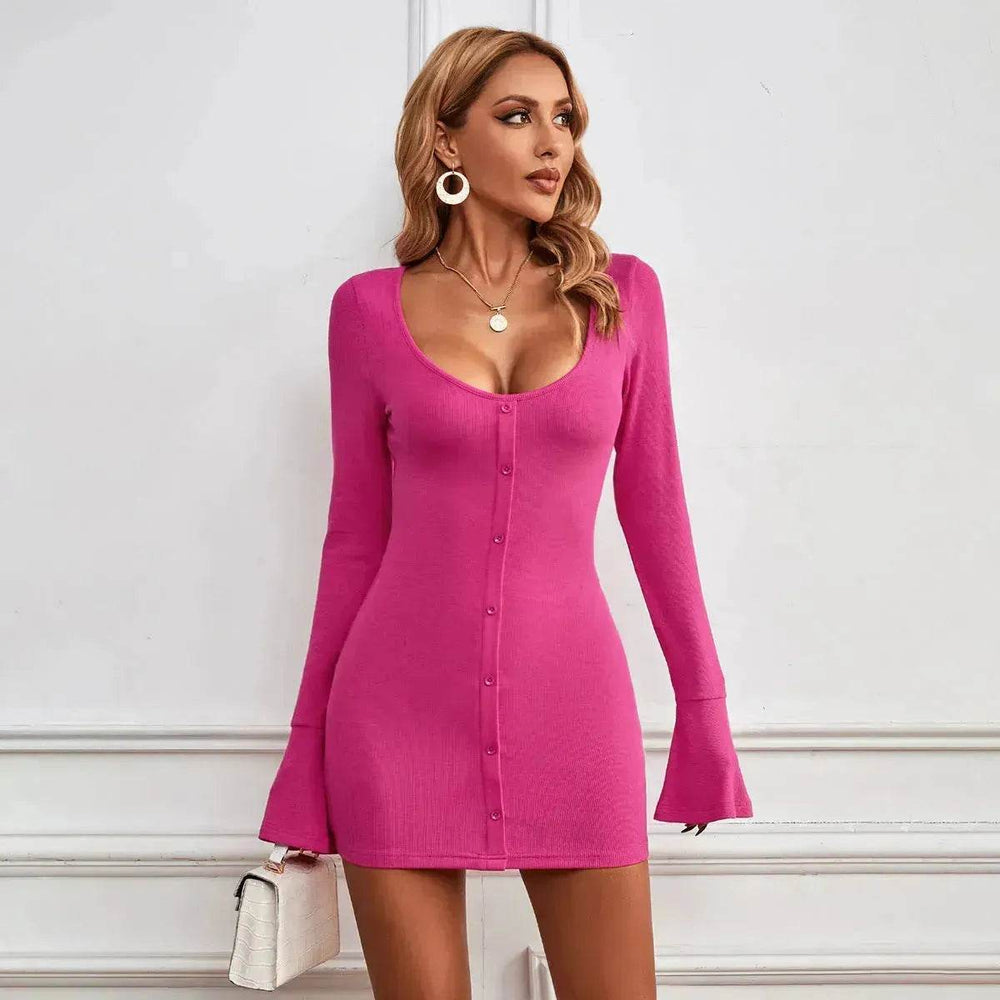Chic Ladies Bodycon U-neck Long-sleeved Dress Charming Slim Hip-hugging Short Mini Dresses for Women - EX-STOCK Canada