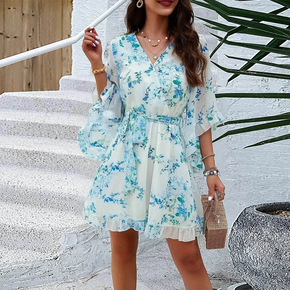 Casual Summer Chiffon Floral Print Short Sleeves Dress Lace Up Ruffles Design Fashion V-neck Short Mini Dresses Womens Clothing - EX-STOCK Canada