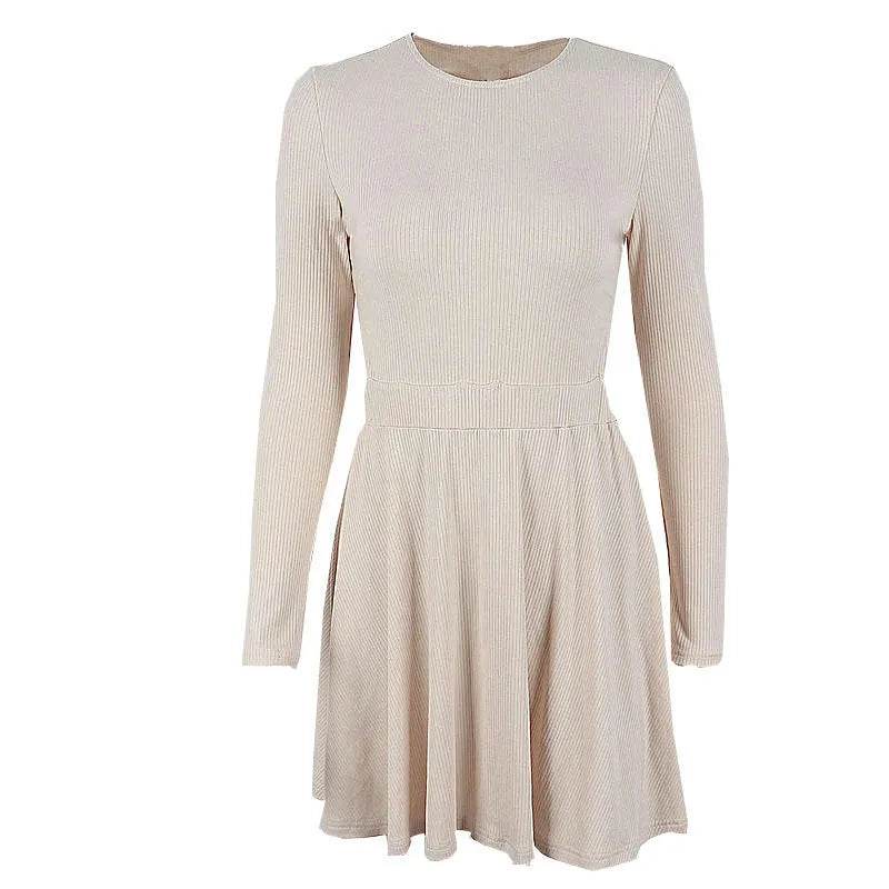 Y2K Long-sleeved Party Club Dress Solid Color Round Neck A-line Mini Skater Dress - EX-STOCK Canada