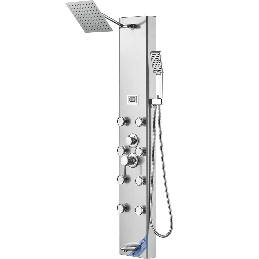 Shower Panel System, 5 Shower Modes, Digital Display Shower Panel Tower, Rainfall, 8 Massage Jets, Tub Spout, 3-Setting Handheld Shower Head 59 Hose, Stainless Steel Wall-Mounted Shower Set - EX-STOCK Canada