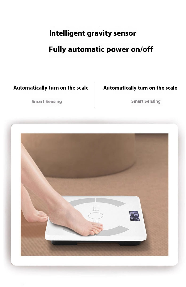 A white digital body scale with a small display and gray感应 pad, shown with a person's foot on the scale in a home setting. Above the photo, text highlights features such as an intelligent gravity sensor and fully automatic power on/off.