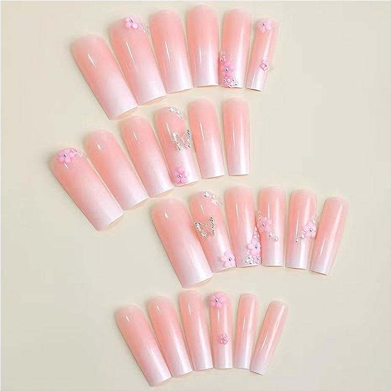 24 PCS Flower Diamond Butterfly Nail Art, Long Length Long Water Pipe Fake Nails,Square Head Nail Tips False Nail EX-STOCK Canada