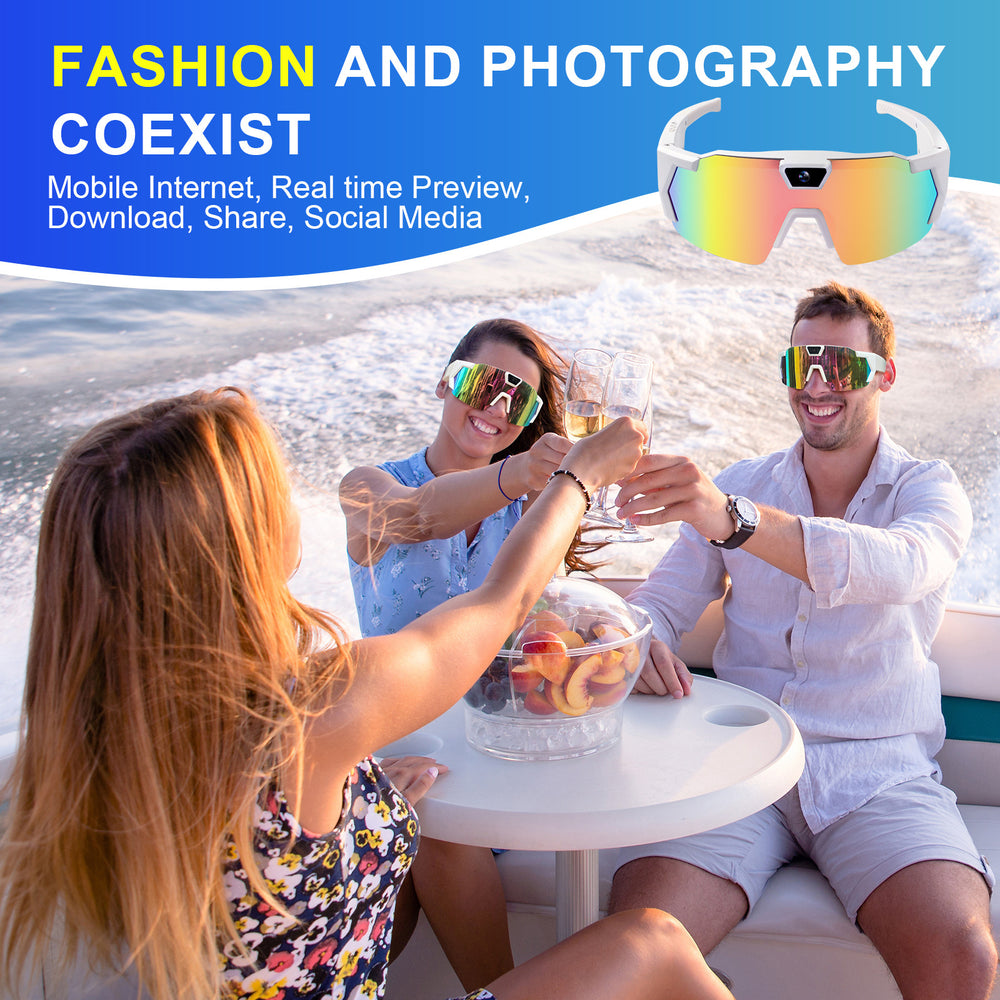 People on a boat wearing colorful sunglasses with text about fashion, photography, and technology.