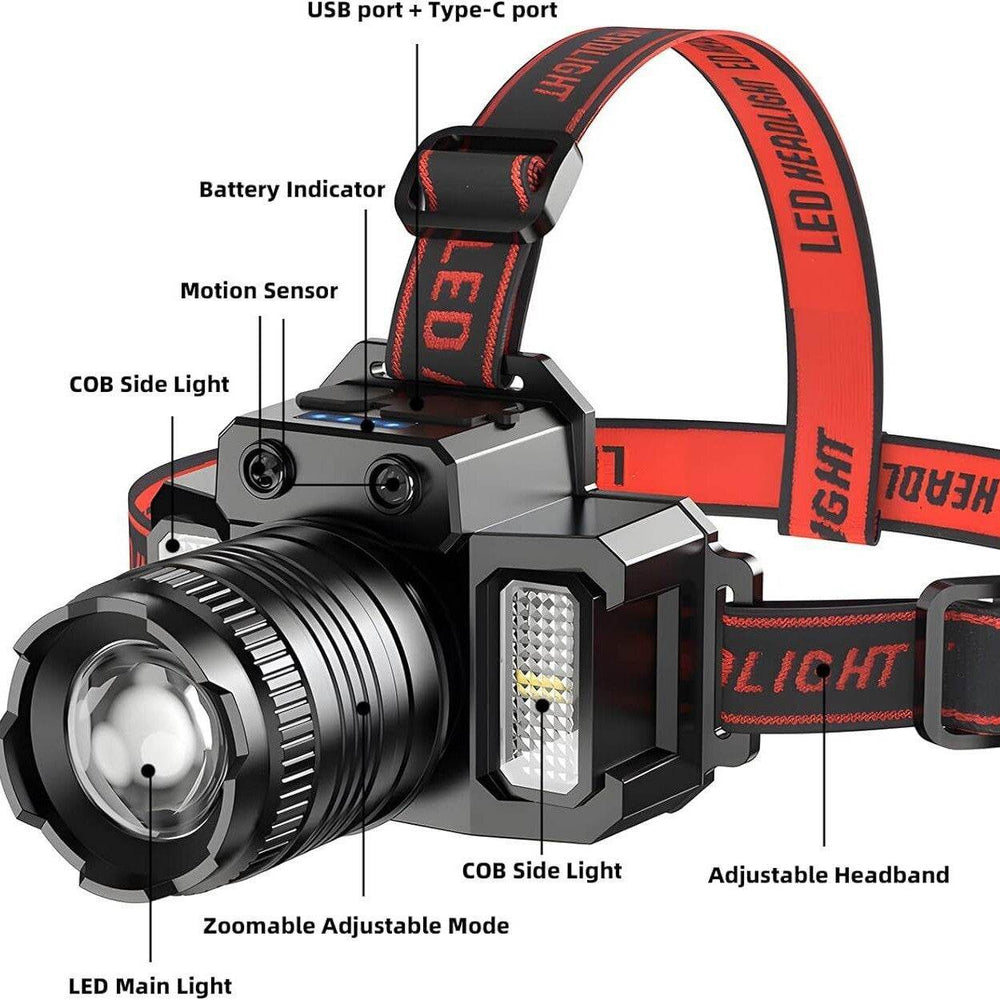 LED Tactical Headlamp Head Torch USB Rechargeable Motion Sensor Flashlight Head - EX-STOCK Canada
