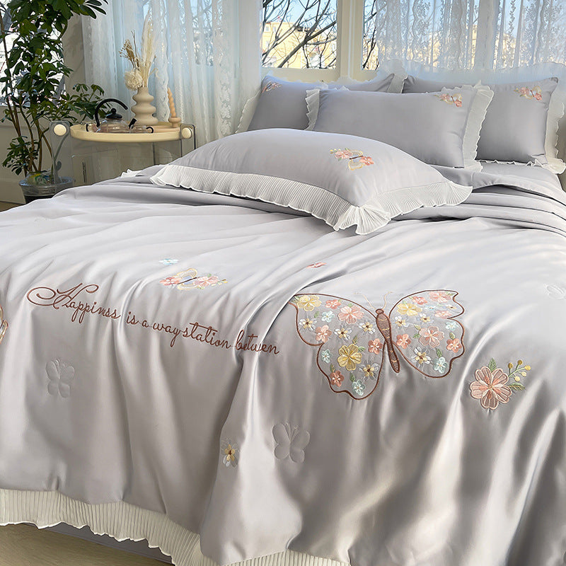 Korean Ice Silk Summer Quilt Four-piece Set Embroidery Lace Air Conditioning Cool Feeling Thin Duvet EX-STOCK Canada