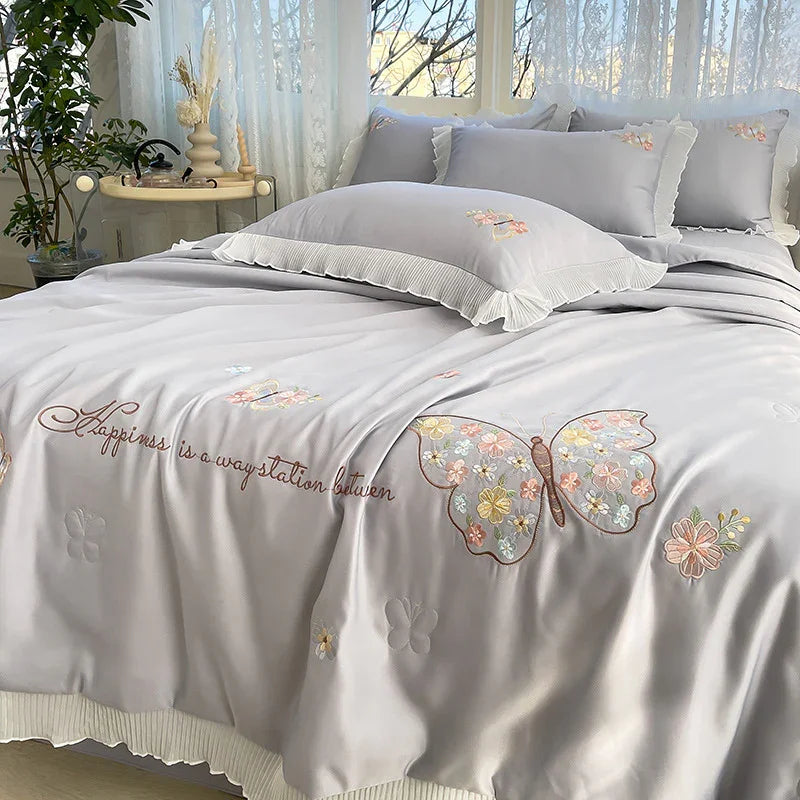 Korean Ice Silk Summer Quilt Four-piece Set Embroidery Lace Air Conditioning Cool Feeling Thin Duvet EX-STOCK Canada