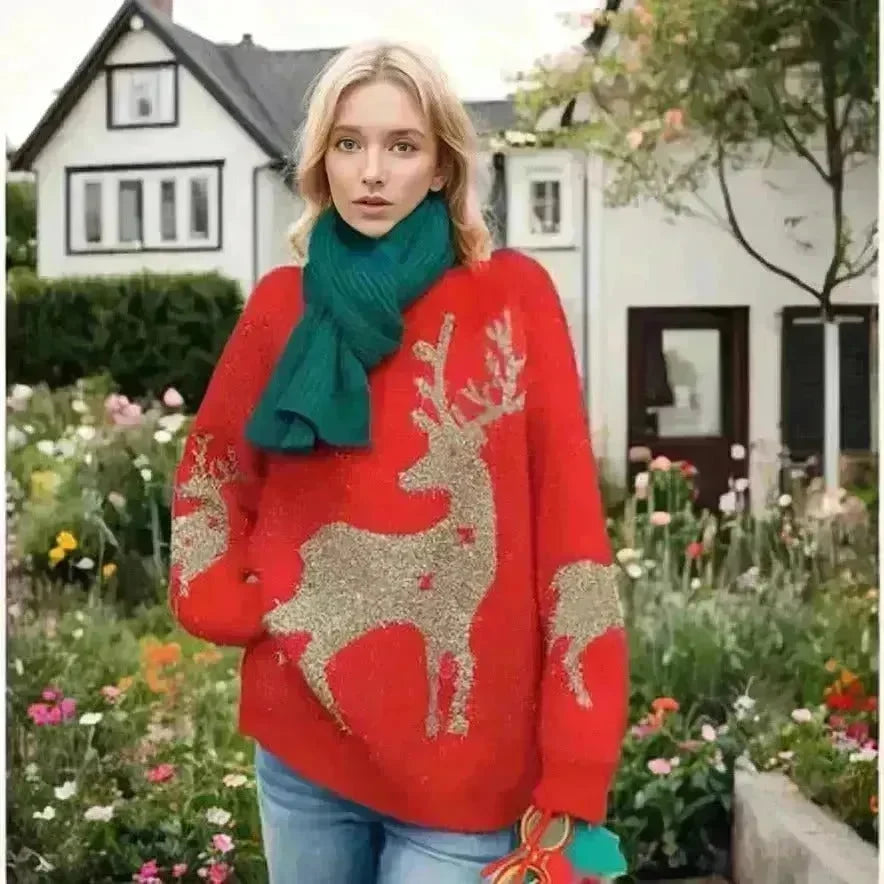 Christmas Deer Snowflakes Knit Sweater Pullover Round Neck Christmas Elk - EX-STOCK CANADA