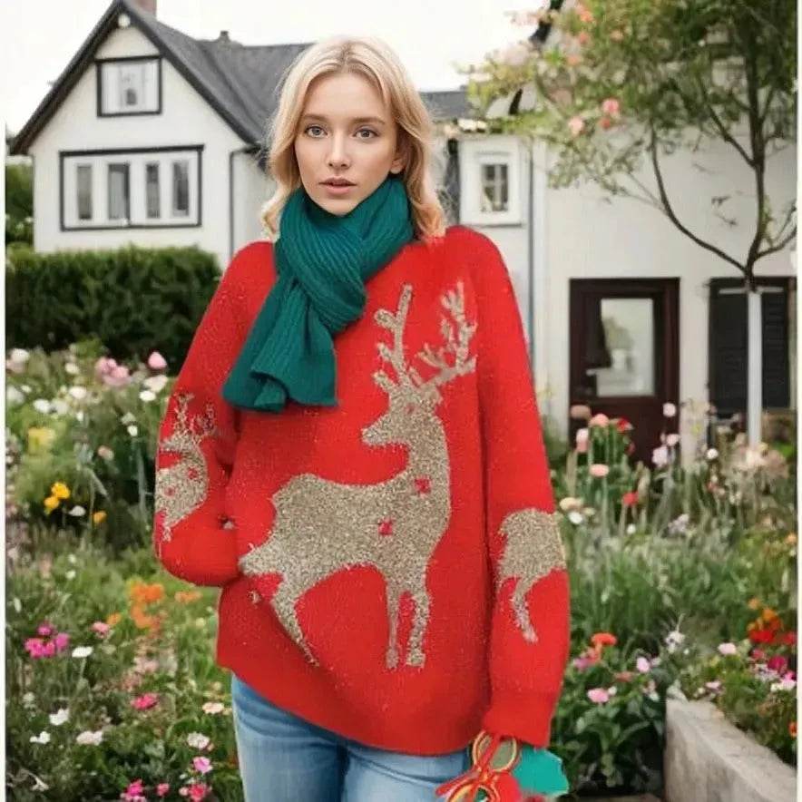 Christmas Deer Snowflakes Knit Sweater Pullover Round Neck Christmas Elk - EX-STOCK Canada