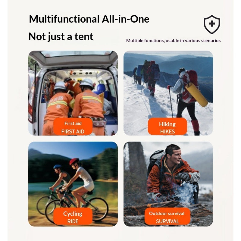 Promotional graphic for a multifunctional all-in-one emergency/hiking tent, showing four square lifestyle panels: first aid in an ambulance, hiking in the snow, cycling on a lake, and outdoor survival by a campfire. Text reads 'Multifunctional All-in-One Not just a tent' with small explanatory copy and a shield icon.