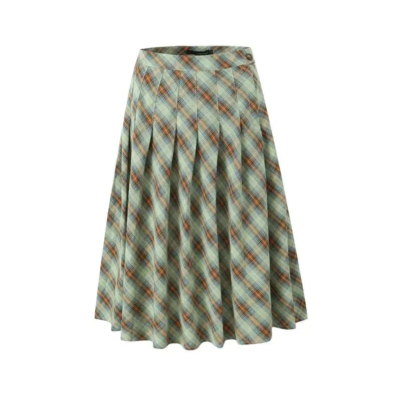American Retro Low Waist Navel Plaid Pleated Long Skirt Women - EX-STOCK CANADA