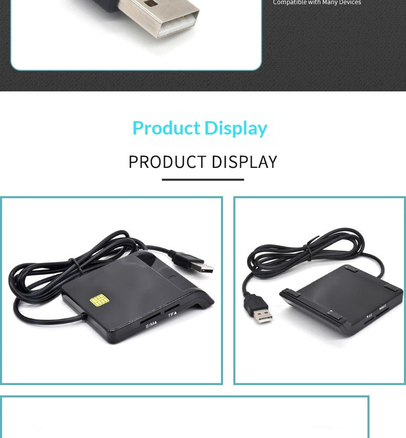 A black USB hub or adapter cable shown in two product display panels on a white page with text reading 'Product Display' and 'Compatible with Many Devices.' The product appears to be a compact rectangular black hub with a USB-A connector and internal ports, plus a short black cord and USB-A plug.