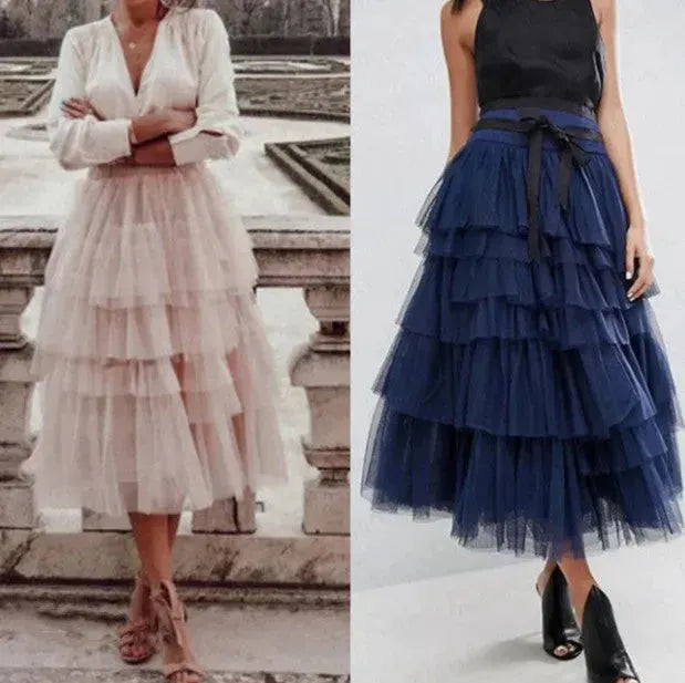 Summer Long Wave Ruffle Layered Ruched High Waist Midi tulle Skirt - EX-STOCK CANADA