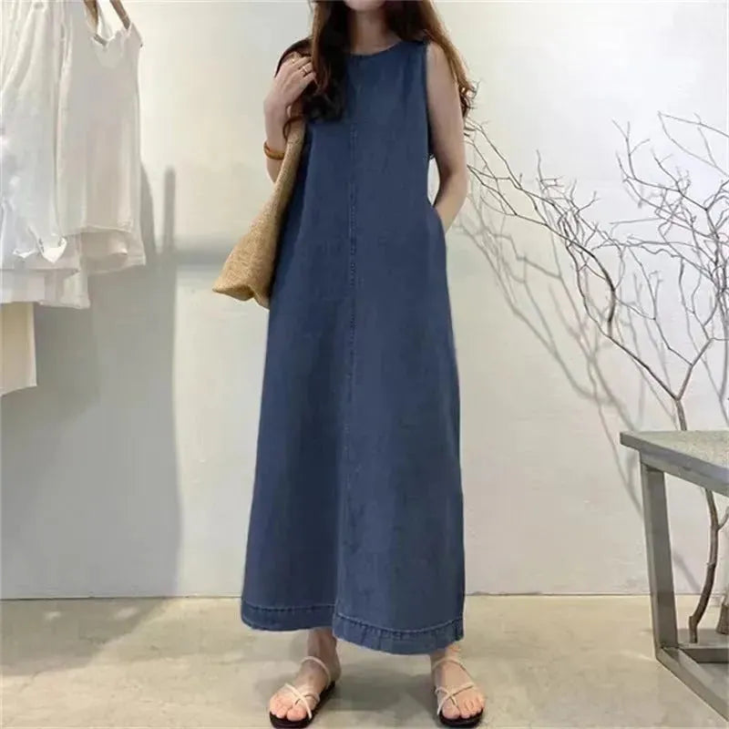Women's Fashion Sleeveless Mum loose Long Denim Dress