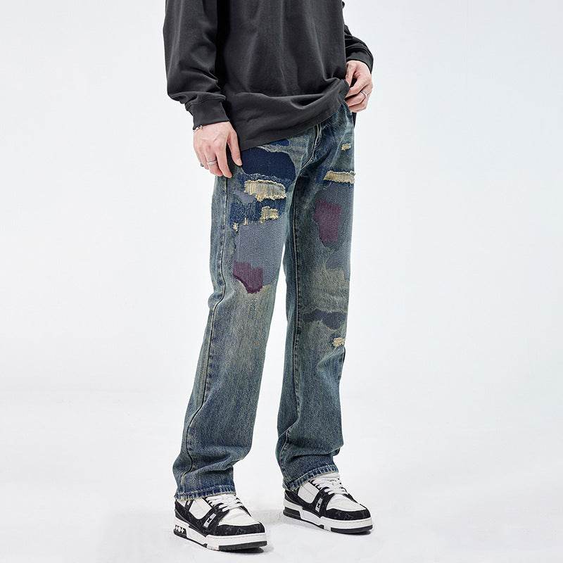 American Style Loose Broken Patch Straight Retro Denim Jeans pant Trousers Men - EX-STOCK Canada