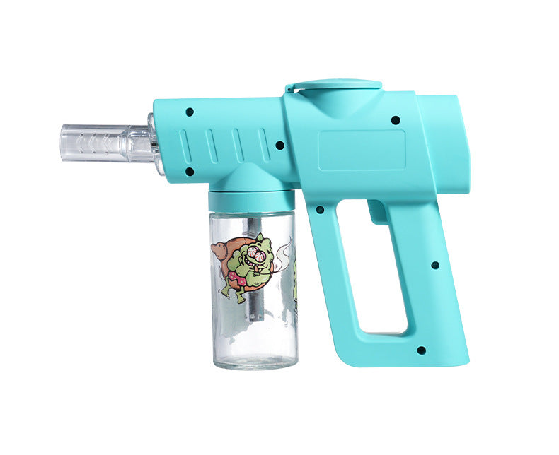 Turquoise spray gun with a clear container on a white background