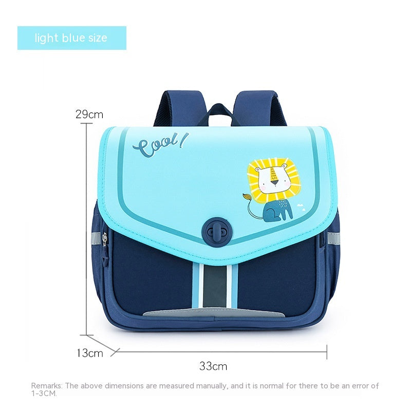 Children's blue backpack with lion design and measurements on a white background