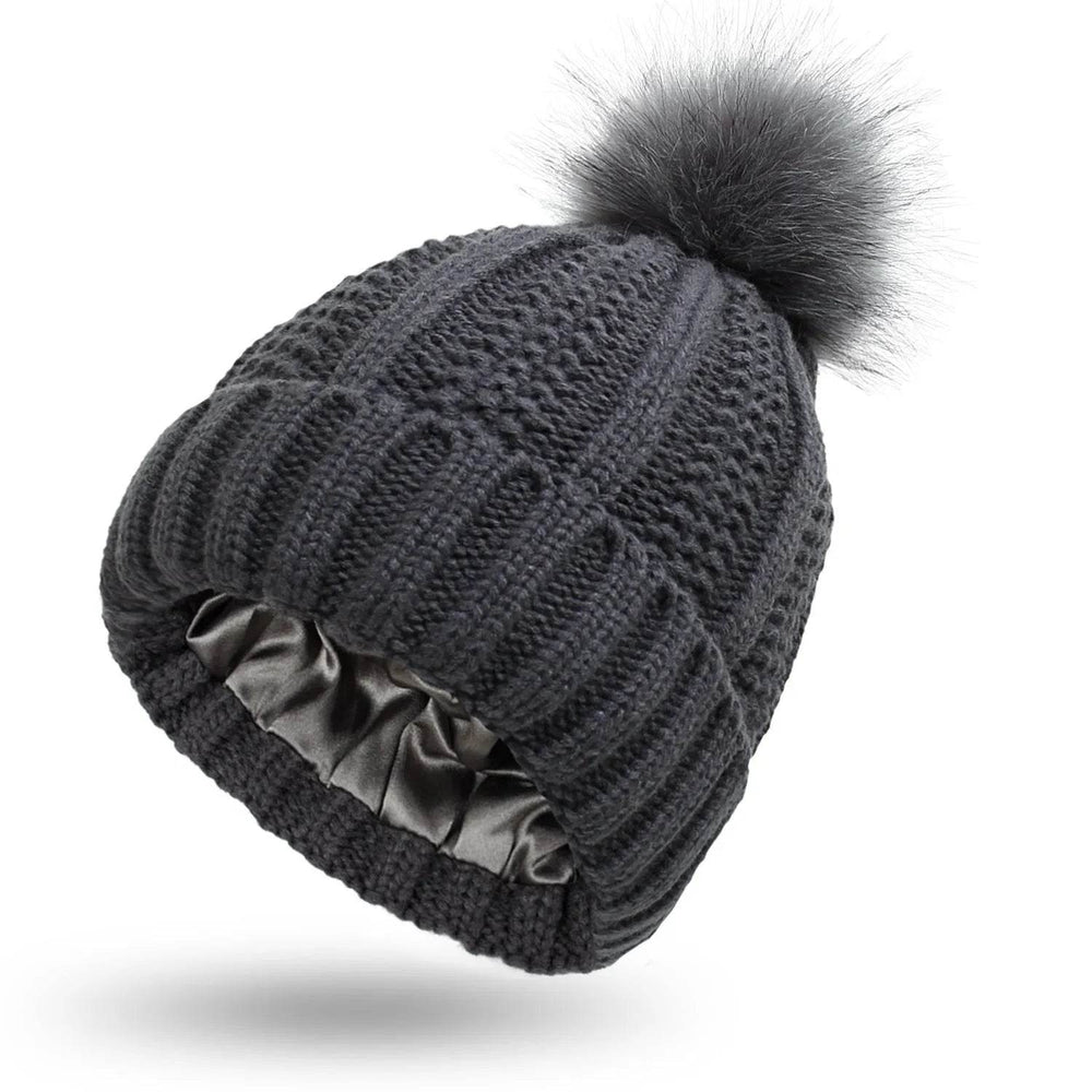 Stretchy Satin Lined Skull Knit Faux Fur Pom Pom Beanie Hat - EX-STOCK Canada