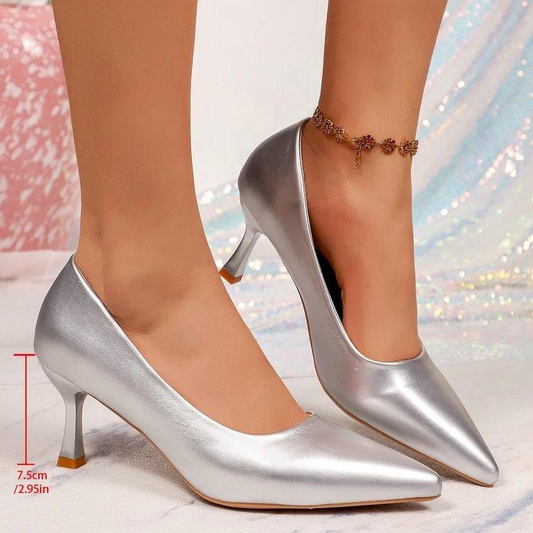 Décolleté con tacco alto a punta in argento per taglie comode da donna, nuovi arrivi primavera, tacco sottile, pumps in vernice, scarpe professionali e per feste di matrimonio