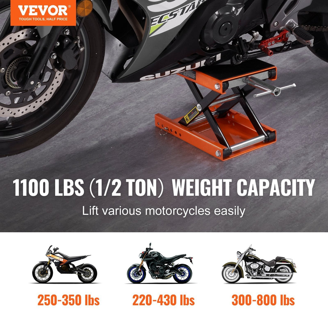 Motorcycle Lift, 1100 LBS Motorcycle Scissor Lift Jack With Wide Deck & Safety Pin, Center Hoist Crank Stand, Steel Scissor Jack For Street Bikes, Cruiser Bikes, Touring Motorcycles EX-STOCK