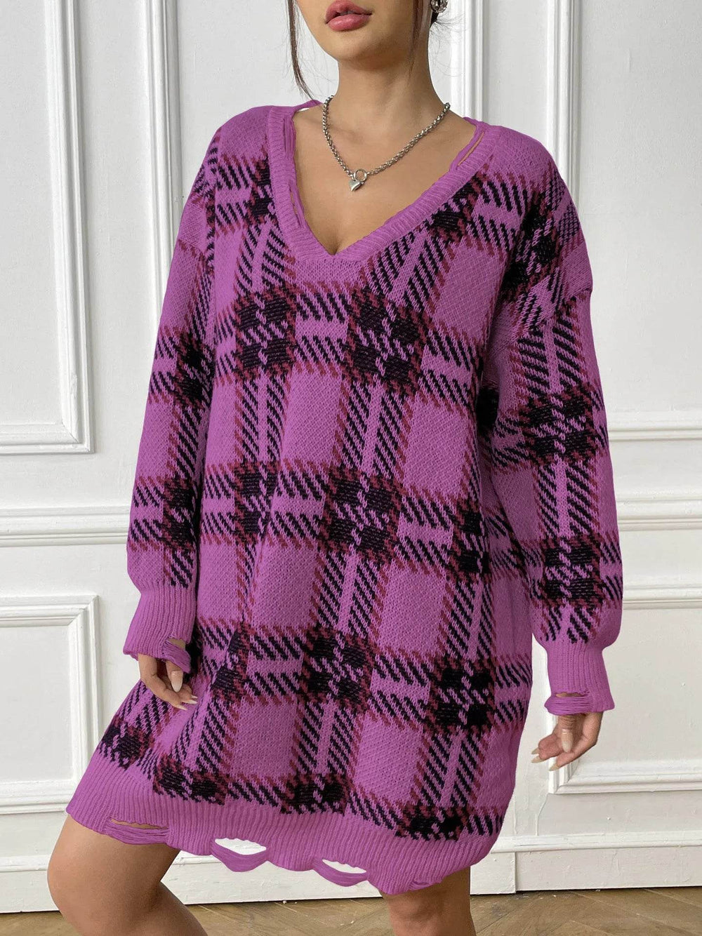 Deer Plush V-neck Long Sleeve Plaid Winter Jumper Mini dress - EX-STOCK Canada
