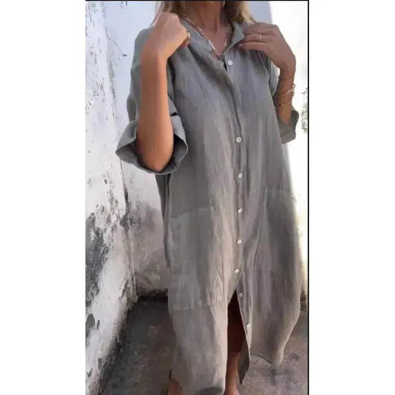 Women Loose Casual Half Sleeve Cotton Linen Buttoned down Shirt Dress - EX-STOCK Canada