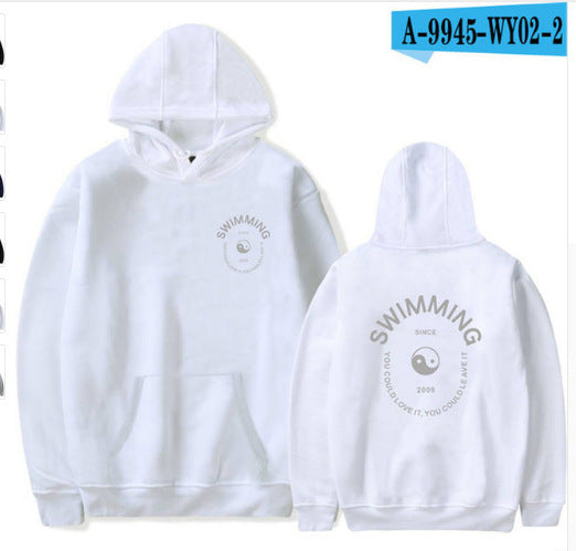 White hoodie with 'Swimming' text and logo on front and back, on a white background.