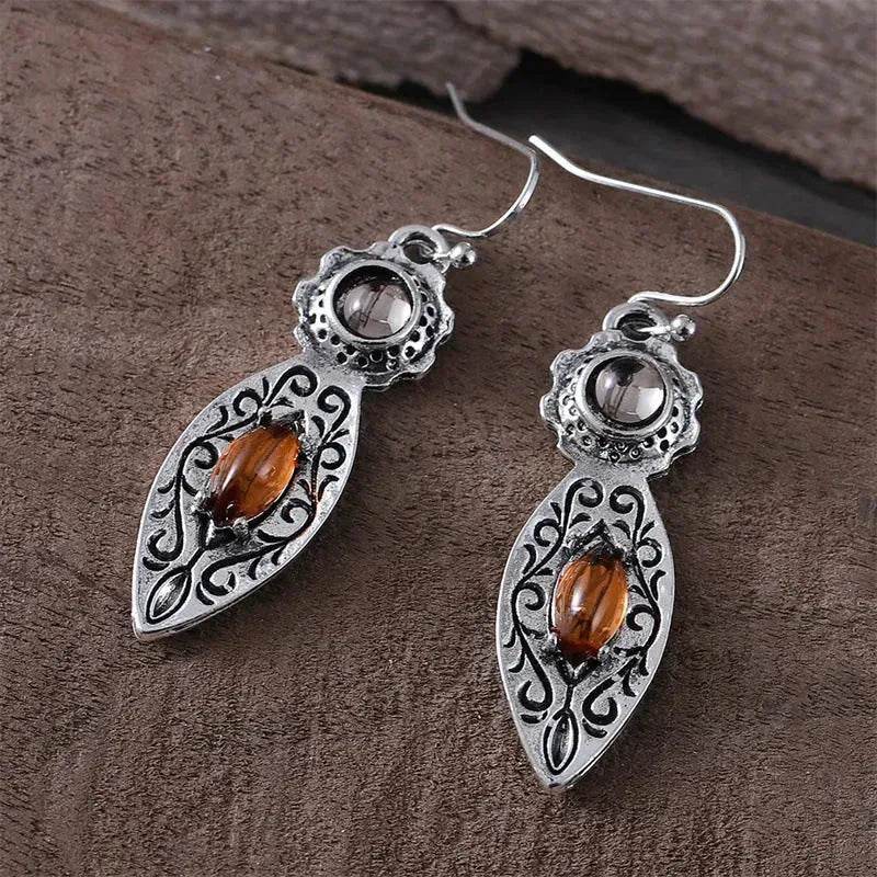 European And American New Retro Pattern Two-tone Gemstone Drop Earrings - EX-STOCK Canada
